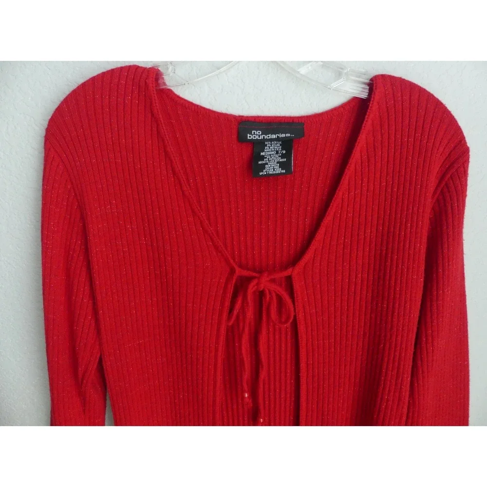 Y2K No Boundaries Red Metallic Ribbed Knit Long Duster Cardigan‎ Tie Front M 7/9